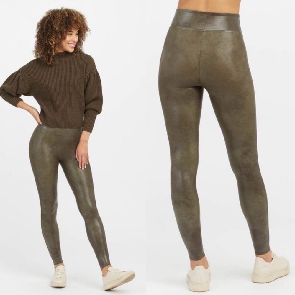 Spanx Faux Leather Croc Shine Leggings in Darkened Olive Medium